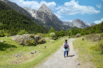 Fototapeta na wymiar Beautiful Pyrenees mountain landscape from Spain, Catalonia. Tourist walking on the road