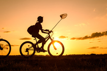 Boy returning from a trip in the eveningwith butterfly net and rucksack, silhouette of child riding bicycle in nature 
