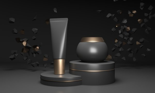 Black gold, blank cosmetic jar, tube standing on pedestal. Gemstone, stones, rock pieces flying away. Empty space for promotion brand ad. 3d render illustration. Cream, lotion - summer skincare