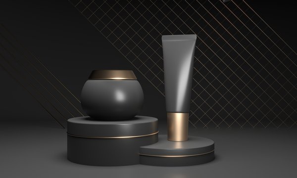 Black gold, blank cosmetic jar, tube standing on pedestal. Empty space for promotion brand ad. 3d render illustration. Cream, lotion - summer skincare with SPF protection. Mockup template package 