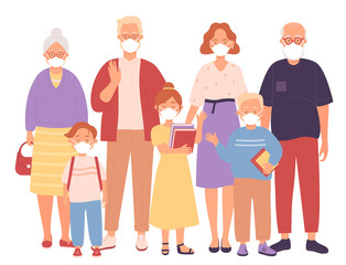Vector Big family in protective medical face masks. Men women father mother grandparents and kids wearing protection from coronavirus, covid 19, 2019-nCoV, urban air smog pollution, gas emission