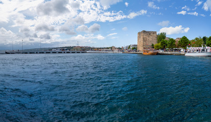 Sinop/Turkey - August 04 2019: View of a boats and Sinop castle in background with blacksea.