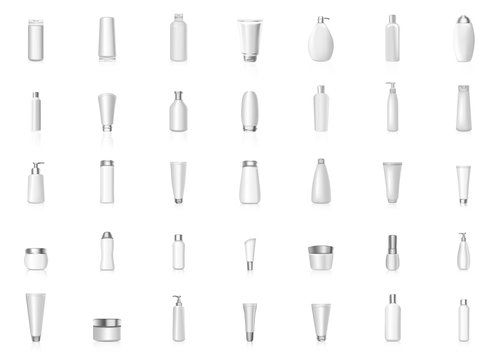 White different shapes cosmetic bottles mockup realistic template vector set isolated on white background. Perfume, face care, skin products, liquid, gel, foam, cream, powder container template
