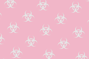 Background pattern of light gray biohazard symbols on pastel pink. New viral infection, pandemic panic.