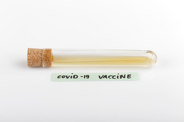 Vaccine in glass tube. Antivirus medicine treatment isolated on white background.