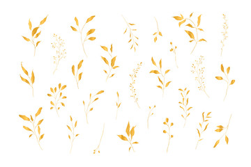 Botanical line art silhouette golden leaves hand drawn pencil sketches isolated on white background. Fine art floral elegant delicate graphic clipart for wedding invitation card. Vector illustration