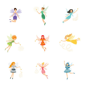 Colorful set of cute girly fairies with magic wands and long hair dancing in pretty dresses