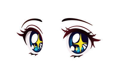 Happy anime style big blue eyes with sparkles. Hand drawn vector illustration.