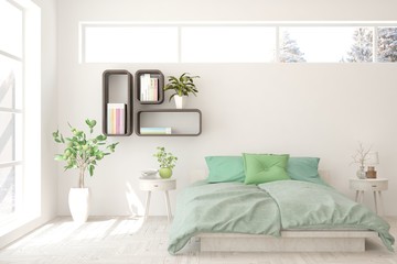 White bedroom interior. Scandinavian design. 3D illustration
