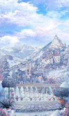 Scenic view of a beautiful winter mountain landscape with a castle, flowers in frost and snowdrifts. Digital collage , mural and fresco. Wallpaper. Poster design. Modular panno.