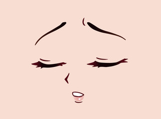 Sad anime face. Manga style closed eyes, little nose and kawaii mouth.