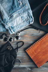Blue denim jeans, Flat lay trendy women's outfit. Fashion blogger's items. Lifestyle photo. Mockup