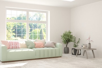 White living room with sofa and summer landscape in window. Scandinavian interior design. 3D illustration