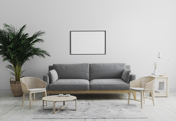 blank horizontal picture frame mockup in modern interior  living room background in gray tones with gray sofa and wooden armchair, palm tree and coffee table, scandinavian style, 3d render