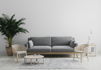 Modern interior of living room mock up in gray tones with gray sofa and wooden armchair, palm tree and coffee table, living room interior background, scandinavian style, living room mockup, 3d render - obrazy, fototapety, plakaty