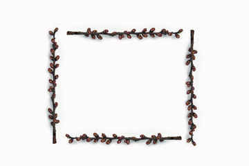 Frame of cherry twigs with buds. Place for text.