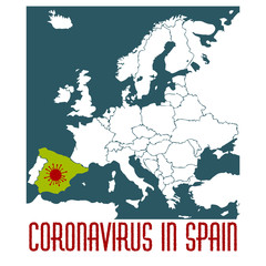 Coronavirus infection in Spain, european map with emphasized country. 2020 disease. Vector stock illustration in cartoon style.