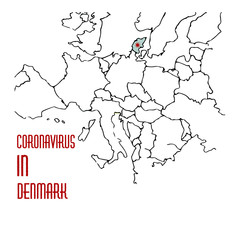 Coronavirus infection in Denmark, Europe map with emphasized country. 2020 disease. Vector stock illustration in cartoon style.