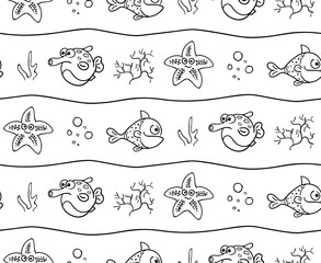 Seamless texture with draw fishes. Prints for textiles with sea inhabitants. Printing on fabric. Illustration for wallpaper for children.