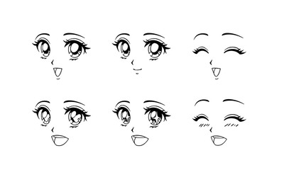 Set of happy anime faces. Hand drawn vector cartoon illustration.