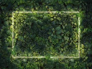 Schilderijen op glas Minimal nature concept. Creative layout made of leaves with neon light frame. Flat lay.  © muratefe