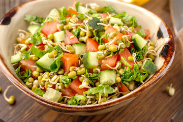 Healthy salad with mung beans, tomatoes, cucumber, lettuce and greens