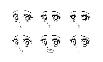 Set of surprised and scared anime faces. Hand drawn vector cartoon illustration.