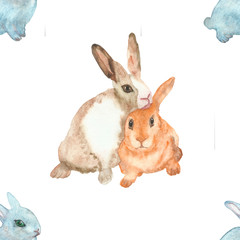 Watercolor hand painted nature animals seamless pattern with little blue and beige and orange pair of rabbits family composition isolated on the white background, easter pet print for design