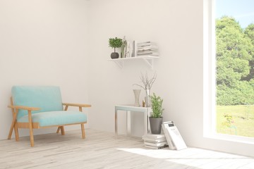 White living room with armchair and green landscape in window. Scandinavian interior design. 3D illustration