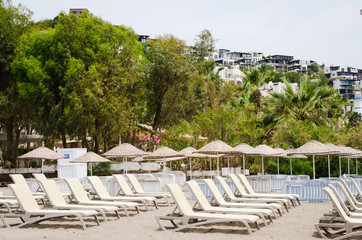 Fototapeta premium Rows of empty sun loungers and umbrellas on the beach. Camel Beach in Turkey.
