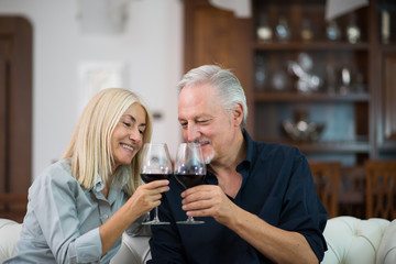 Mature couple enjoying a good glass of red wine