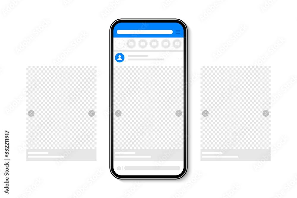 Aufkleber Smartphone with carousel post on social network. Application interface with photo or video carousel post. Vector illustration.