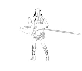 warrior woman character, 3D illustration, sketch, outline
