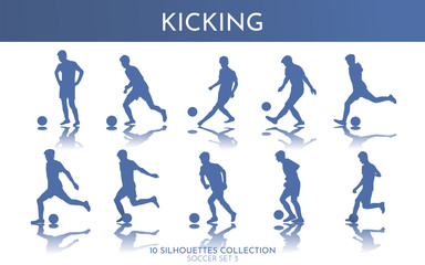 Vector illustration. The guy has an effort on goal. Shoot volley, curved kick, long and short pass. Set of isolated soccer silhouettes. Summer sports games. Professional football player skills. 