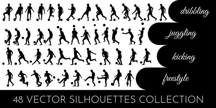 Vector Illustration. Set Of 48 Black Silhouettes On White Background. Professional Footballer. Body Motion. Dribbling, Ball Juggling, Passing, Kicking, Freestyle Skills. Design For Emblems And Logos