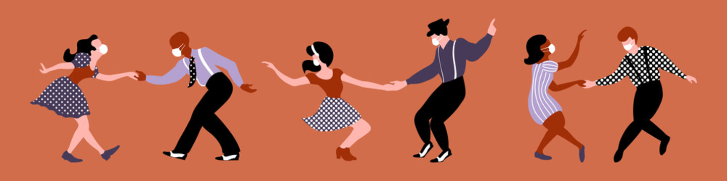Men and women dancing lindy hop with medical masks on their faces. Three couples silhouettes. Quarantine party. Vector illustration.