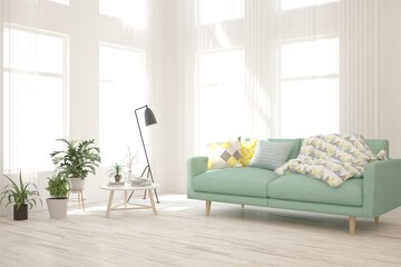 White living room with sofa. Scandinavian interior design. 3D illustration