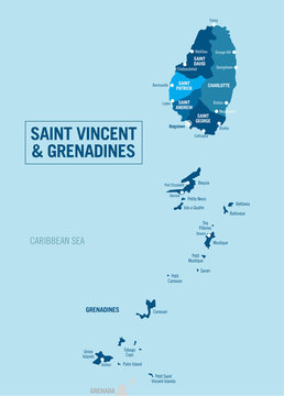 Saint Vincent and the Grenadines political map. Vector illustration with separated provinces, departments and cities.