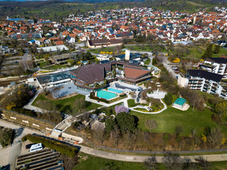 Empty thermal bath in Beuren on the Swabian Alps, Germany on a sunny day - due to the Corona infect, the bath was closed down for the public in mid March 2020.