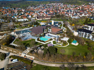 Empty thermal bath in Beuren on the Swabian Alps, Germany on a sunny day - due to the Corona...