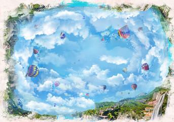 Beautiful ceiling landscape with balloons, waterfalls, coast. Digital collage , mural and fresco. Wallpaper. Poster design. Modular panno.