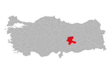 Malatya province highlighted on turkey map vector. Gray background.