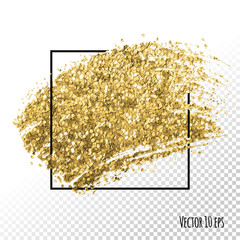 Golden foil glitter brush stroke. Card design. Social media networks square frame template background. Golden foil vector spot.