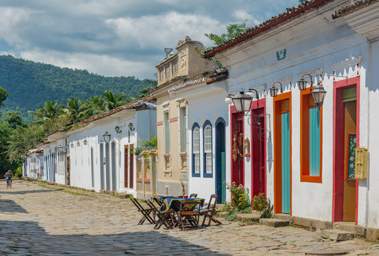 Urban landscape with colorful houses and cobbled pavements in Paraty, Rio de Janeiro, Brazil.