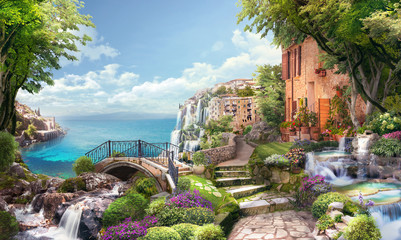 Beautiful collage with access to the sea, the ancient houses of Italy, flowers and waterfalls. Digital collage , mural and fresco. Wallpaper. Poster design. Modular panno.