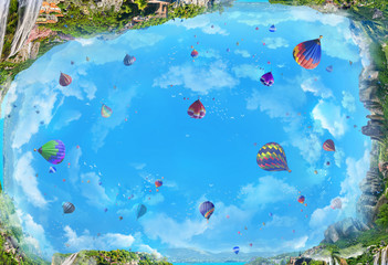 Beautiful ceiling with balloons, mountains, waterfalls and the coast on a sunny day. Digital collage , mural and fresco. Wallpaper. Poster design. Modular panno.