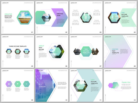 Minimal brochure templates with colorful hexagonal design background, hexagon style pattern. Covers design templates for square flyer, leaflet, brochure, report, presentation, advertising, magazine.