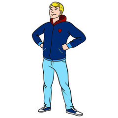 young student with college jacket stands proud and happy. heroic pose, blonde, blue, character, illustrator, isolated.