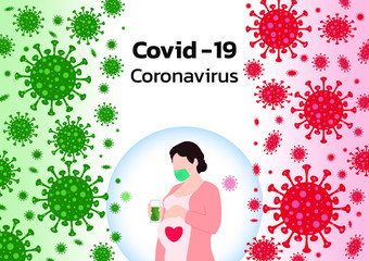 Pregnant woman surrounded by Coronavirus. Mother-infant transmitted virus concept. Flat vector illustration.