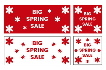 Spring summer sale vector banner set. Useful for websites, pop, Instagram, Facebook and other social media platforms. Big sale signs. With floral pattern and red, purple, pink, white, black colored.